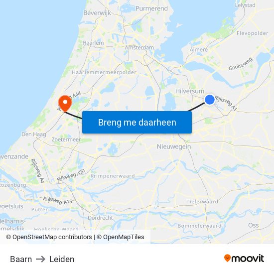 Baarn to Leiden map