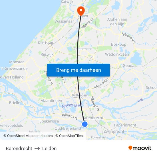 Barendrecht to Leiden map