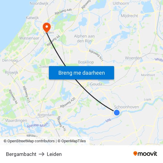 Bergambacht to Leiden map