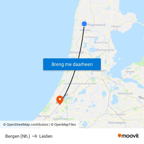 Bergen (Nh.) to Leiden map