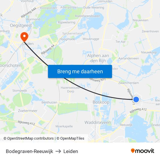 Bodegraven-Reeuwijk to Leiden map