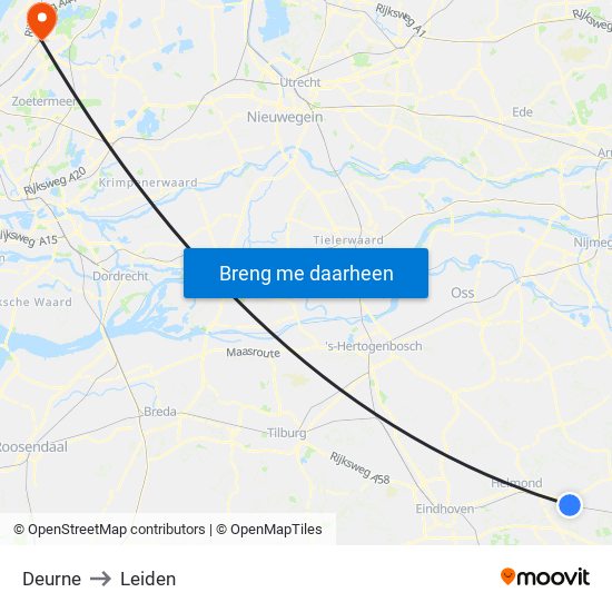 Deurne to Leiden map