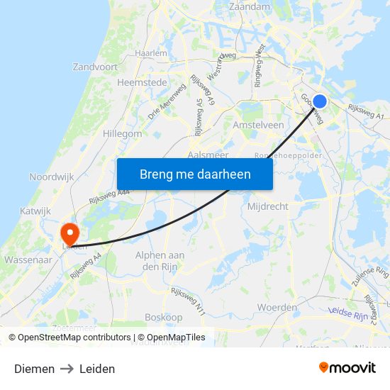 Diemen to Leiden map