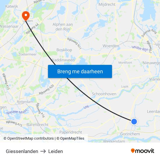Giessenlanden to Leiden map