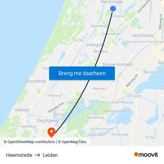 Heemstede to Leiden map