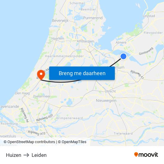 Huizen to Leiden map