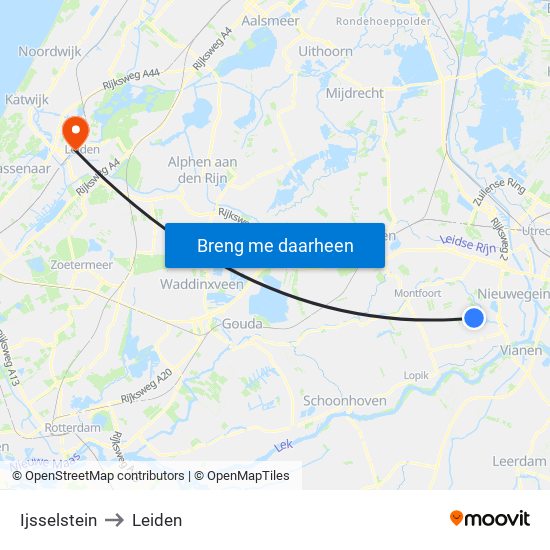 Ijsselstein to Leiden map