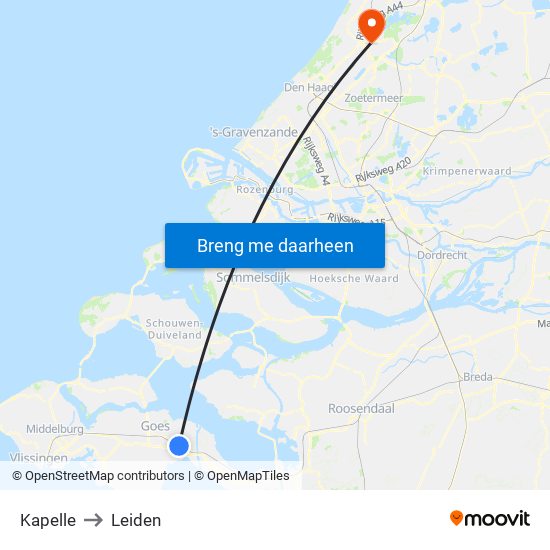 Kapelle to Leiden map