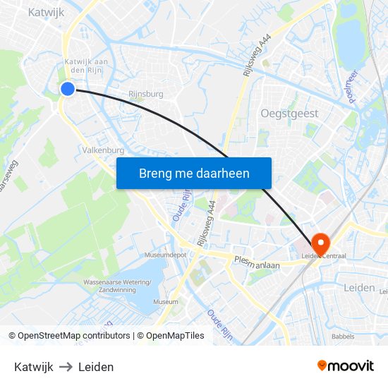 Katwijk to Leiden map