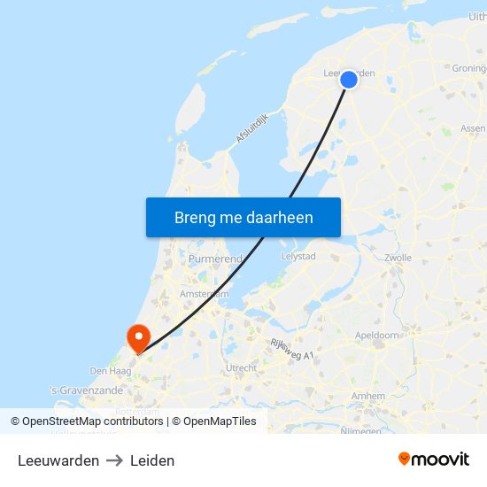 Leeuwarden to Leiden map