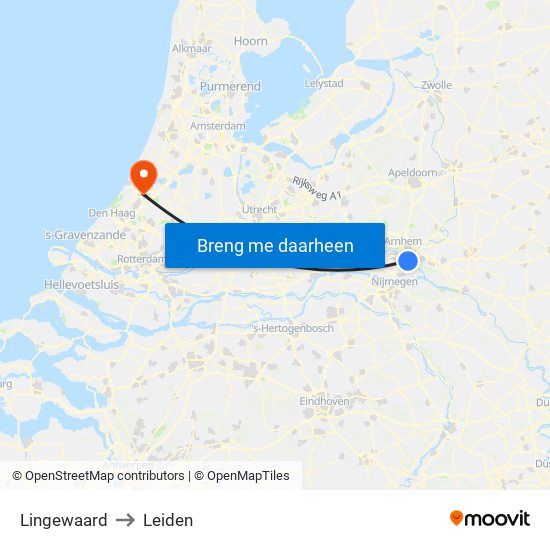 Lingewaard to Leiden map