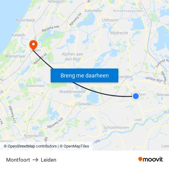 Montfoort to Leiden map
