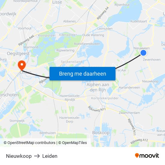 Nieuwkoop to Leiden map