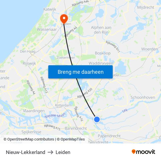 Nieuw-Lekkerland to Leiden map