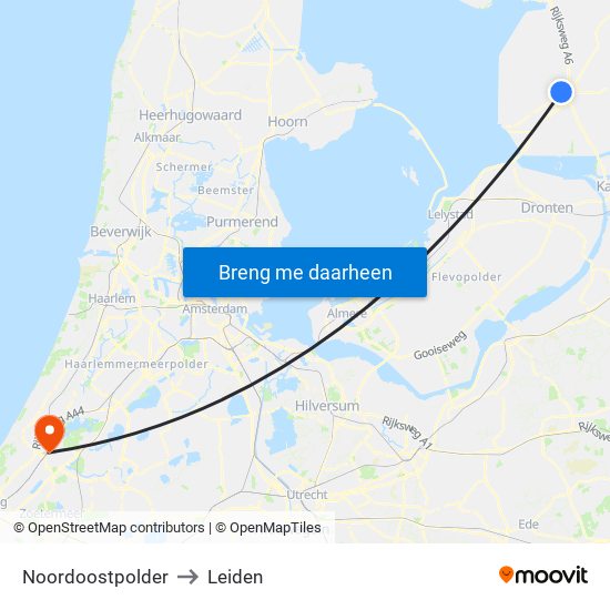 Noordoostpolder to Leiden map