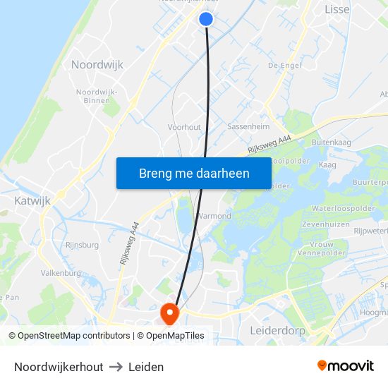 Noordwijkerhout to Leiden map