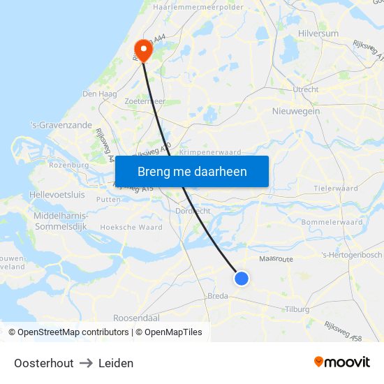 Oosterhout to Leiden map