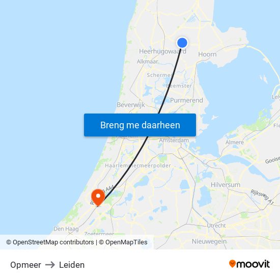 Opmeer to Leiden map
