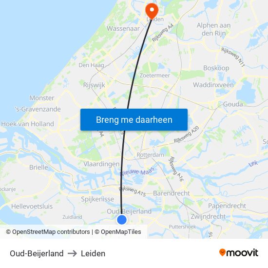 Oud-Beijerland to Leiden map