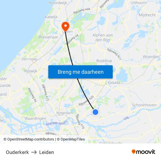 Ouderkerk to Leiden map