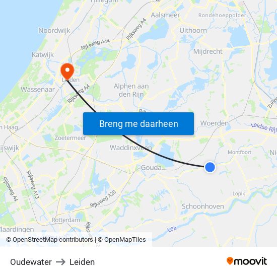 Oudewater to Leiden map