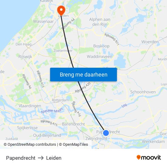 Papendrecht to Leiden map