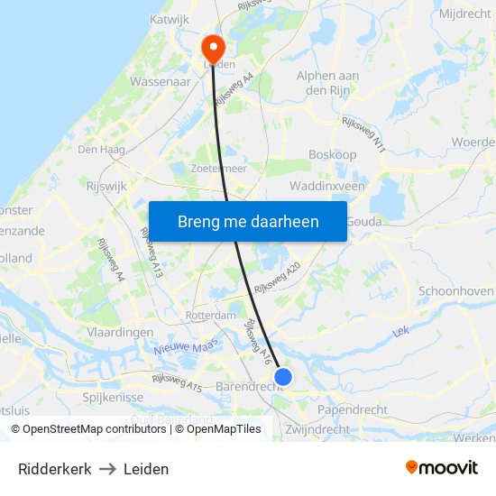Ridderkerk to Leiden map