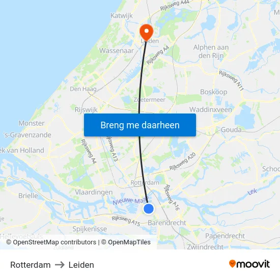 Rotterdam to Leiden map