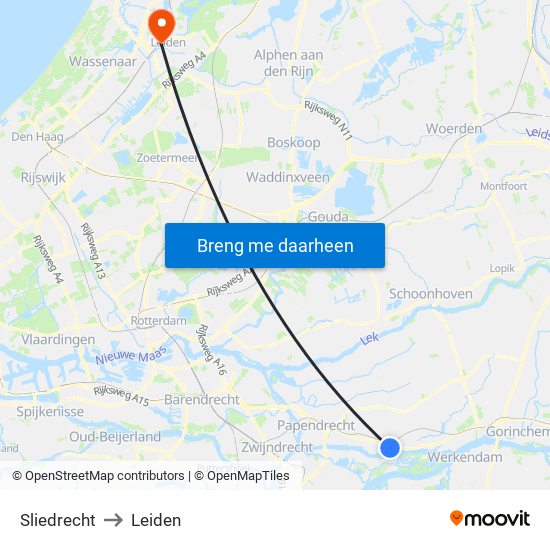 Sliedrecht to Leiden map