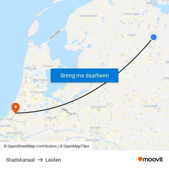 Stadskanaal to Leiden map