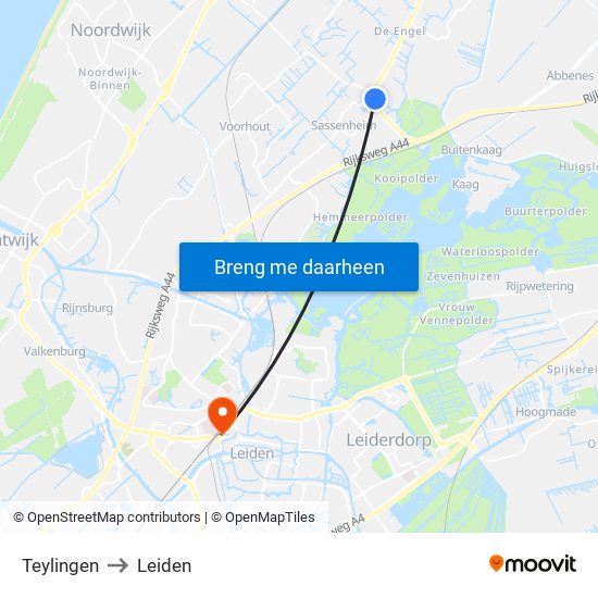 Teylingen to Leiden map