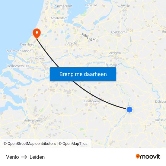 Venlo to Leiden map