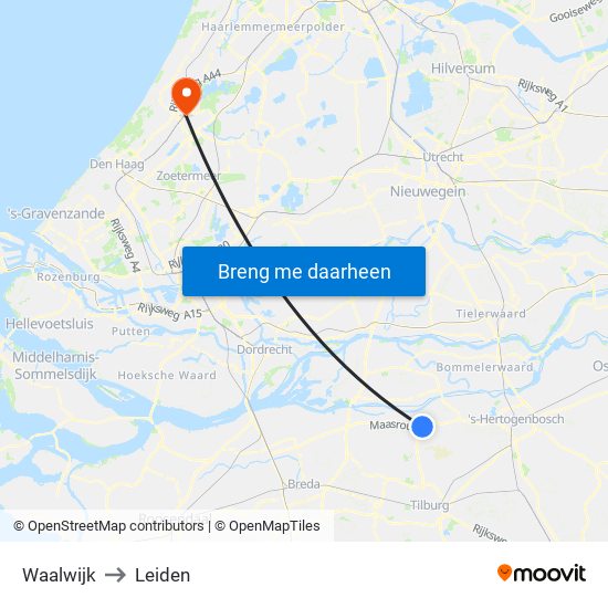 Waalwijk to Leiden map
