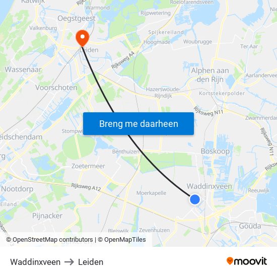 Waddinxveen to Leiden map