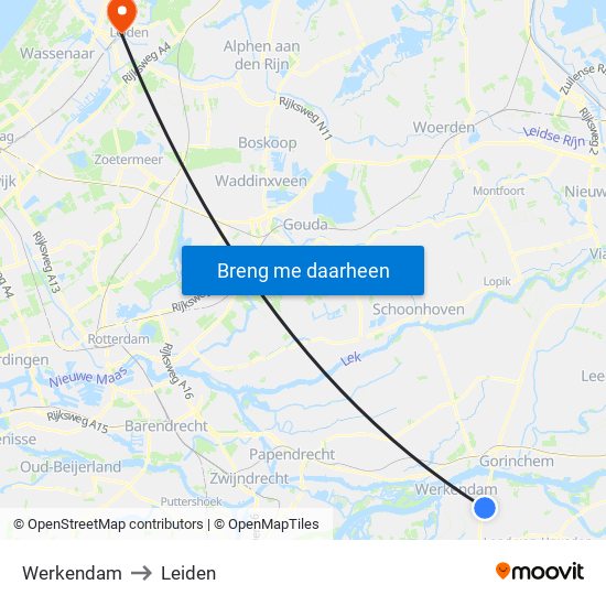 Werkendam to Leiden map