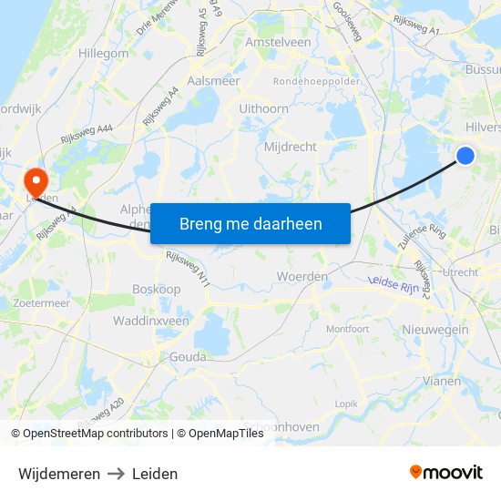 Wijdemeren to Leiden map