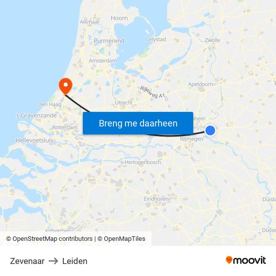 Zevenaar to Leiden map