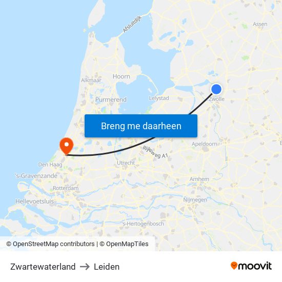 Zwartewaterland to Leiden map
