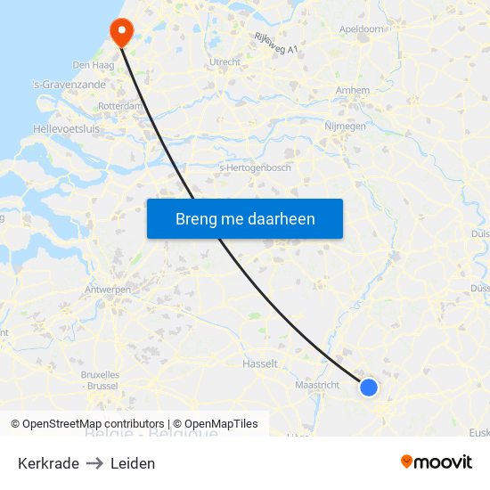 Kerkrade to Leiden map