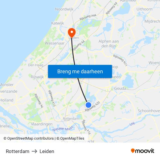 Rotterdam to Leiden map