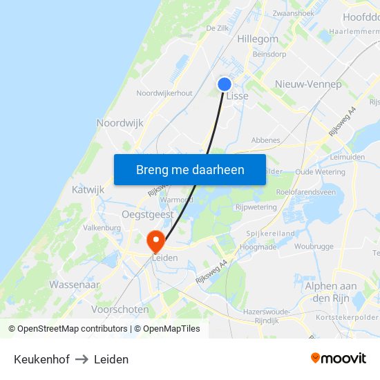 Keukenhof to Leiden map