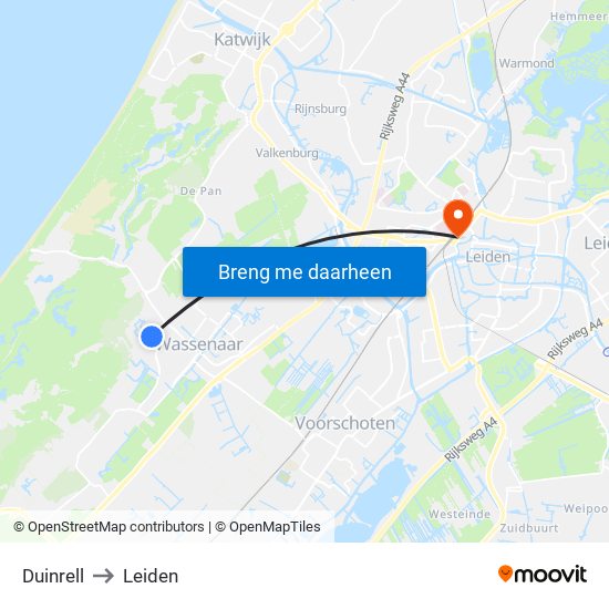 Duinrell to Leiden map