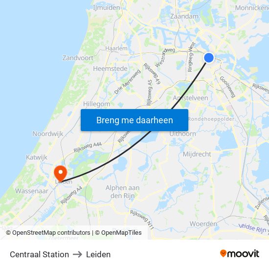 Centraal Station to Leiden map