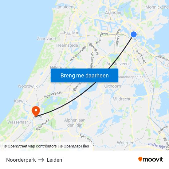 Noorderpark to Leiden map