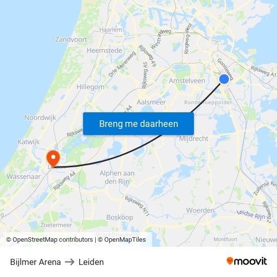 Bijlmer Arena to Leiden map