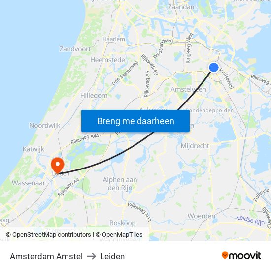 Amsterdam Amstel to Leiden map