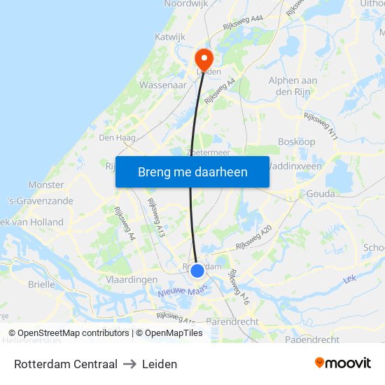Rotterdam Centraal to Leiden map