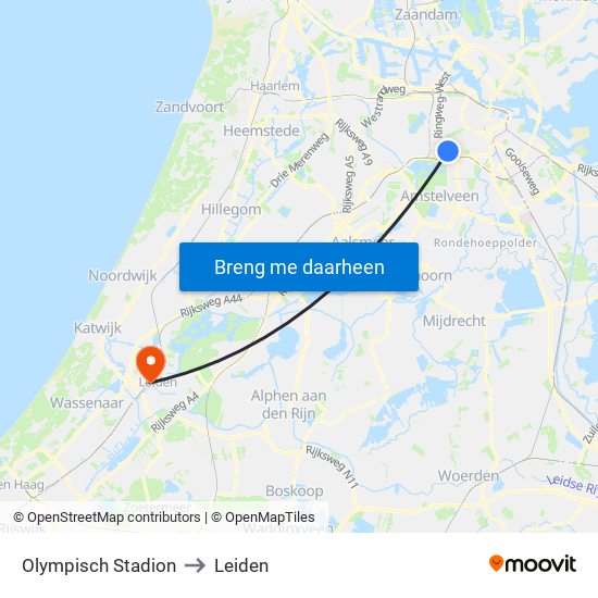 Olympisch Stadion to Leiden map