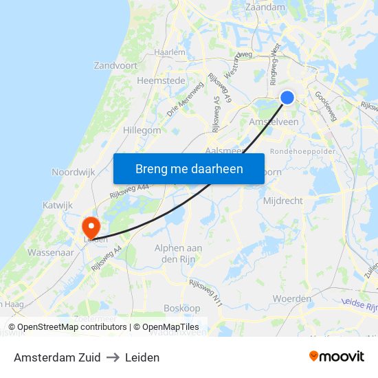 Amsterdam Zuid to Leiden map