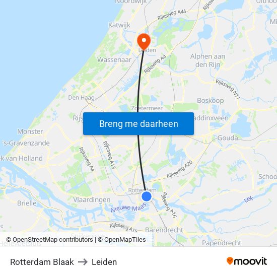 Rotterdam Blaak to Leiden map